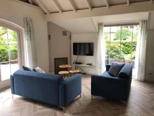 un soggiorno con 2 divani blu e una TV di Villa Felix with sauna in Ermelo a Ermelo