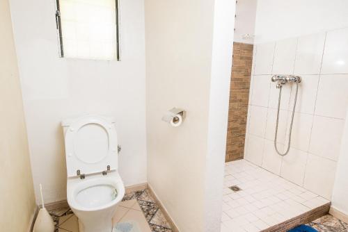a bathroom with a toilet and a shower at Villa ChezSoa, Antananarivo in Antananarivo