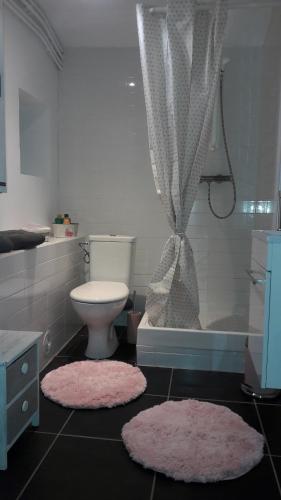 y baño con aseo, bañera y 2 alfombras. en PAUSE ROMANTIQUE EN PAYS BRAYAUD en Châtel-Guyon