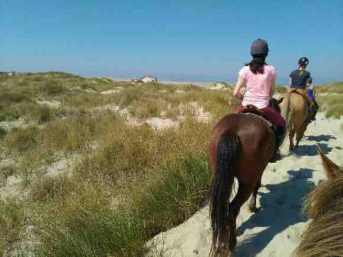 zwei Leute reiten auf Pferden am Strand in der Unterkunft La cabane Des Pins... in Quend