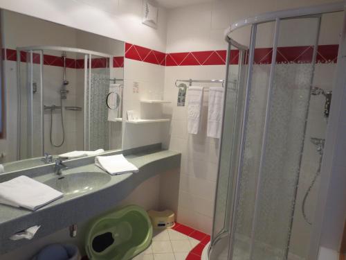 ein Bad mit einem Waschbecken und einer Dusche in der Unterkunft Hotel Xylophon - inklusive Thermeneintritte in Lutzmannsburg