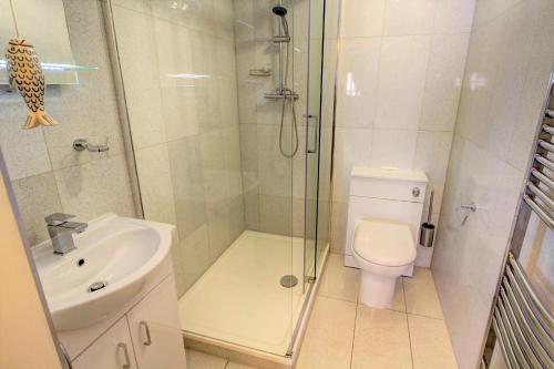 a bathroom with a shower and a toilet and a sink at The Old Joiner's Shop in Whitby