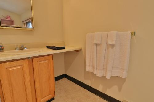 a bathroom with a sink and a mirror and towels at Locke Mountain A6 in Newry