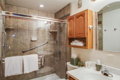 a bathroom with a shower and a sink at Sierra Manor Escape in Mammoth Lakes