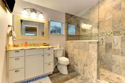 a bathroom with a toilet and a sink and a shower at Wine Down in Ilexhurst