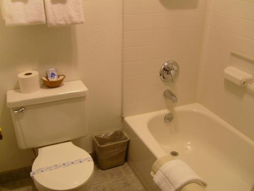 a bathroom with a toilet and a tub and a sink at Cascade City Center Motel in Lebanon