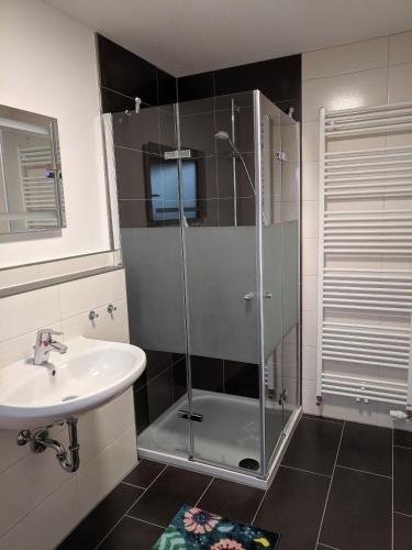 a bathroom with a shower and a sink at Haus Märzenbach in Kaufbeuren