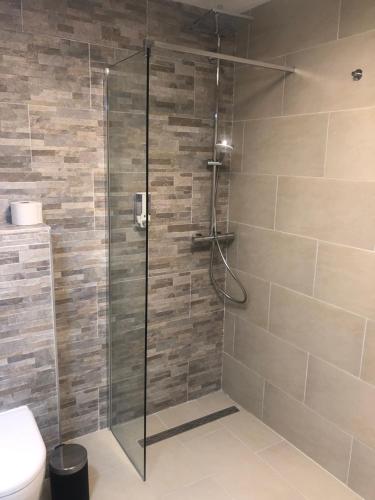 a shower with a glass door in a bathroom at Enjoyit Velden West in Selpritsch