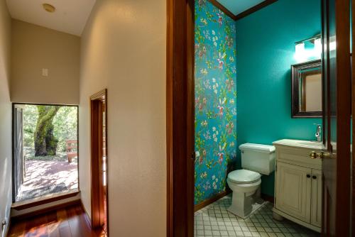 a bathroom with a toilet and blue walls at Leslie Creek House in Mark West Springs