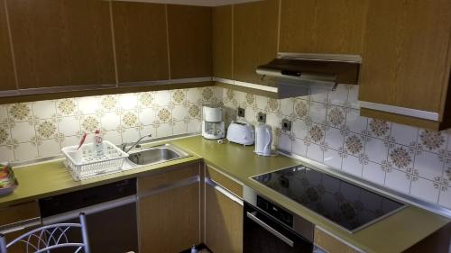 a kitchen with a sink and a counter top at Fewo-Seefeld in Norderaussendeich