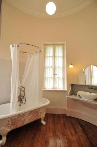 une grande salle de bain avec une baignoire et un lavabo dans l'établissement La Demeure d'Aglaë, à Villeneuve-sur-Allier