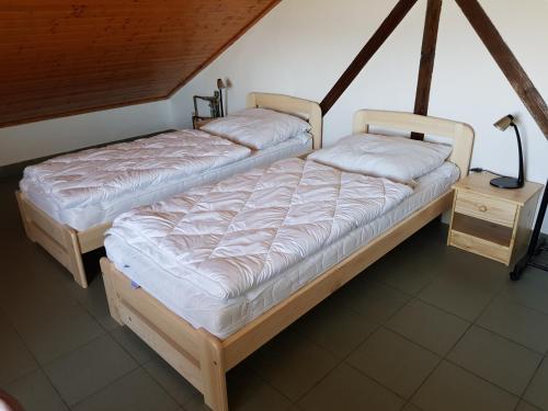 two beds sitting next to each other in a room at Penzion Cerhenice in Cerhenice