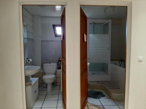 een badkamer met toilet, bad en wastafel bij Chez Fretz in Ribeauvillé