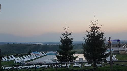 two christmas trees in front of a parking lot at Seven Generations Winery Hotel in Mechka