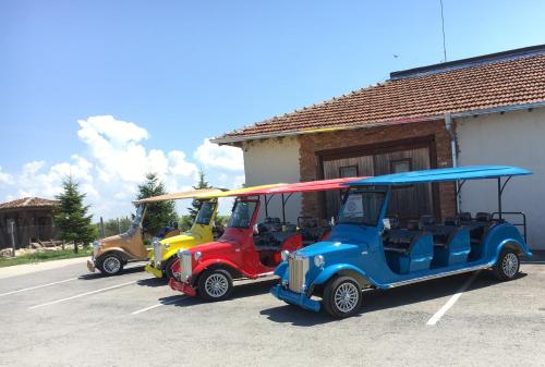 a row of golf carts parked in a parking lot at Seven Generations Winery Hotel in Mechka