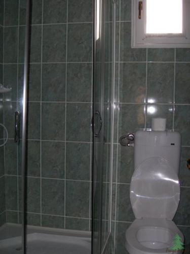 a bathroom with a toilet and a glass shower at Pensiunea Fenyő in Corund