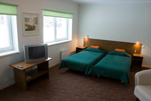 Habitación de hotel con cama y TV en Hotell Sõnajala, en Kärdla