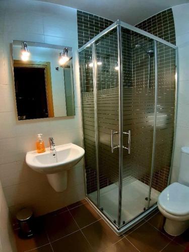 a bathroom with a shower and a sink and a toilet at PISO EN 1ª LINEA DE PLAYA CON WIFI PUERTO DE CARIÑo in Cariño