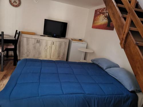 a bedroom with a blue bed and a tv at la casetta nel cortile in Catania