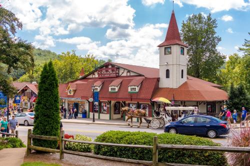 a horse drawn carriage in front of a building with a tower at Deer Crossing in Sautee Nacoochee