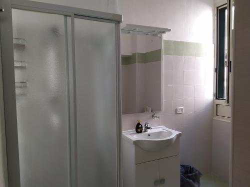 baño blanco con ducha y lavamanos en Come a Casa - Like home en Tocco da Casauria