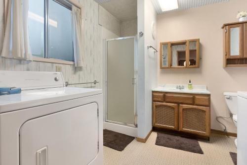a bathroom with a sink and a toilet and a shower at Sabala Cabin in Randolph