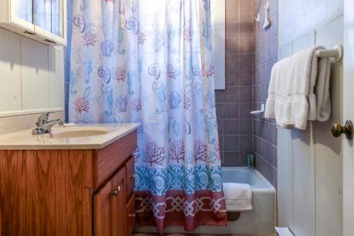 baño con lavabo y cortina de ducha en The Place to be..., en Provincetown