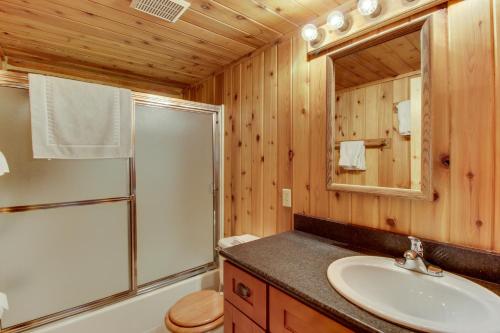a bathroom with a sink and a shower and a mirror at Blacktail Cabin in Somers