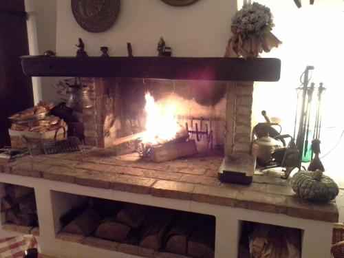 a fireplace with a fire in it in a room at Hotel Il Casolare in Noghera