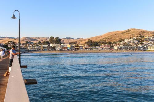 a man standing on a pier with a rod in the water at Blue Door Retreat in Cayucos