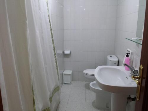 Baño blanco con aseo y lavamanos en Hostal Atila, en Ricobayo