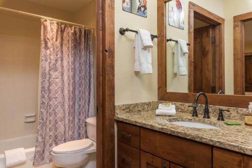 a bathroom with a sink and a toilet and a mirror at Snowcreek Delight in Sun Valley