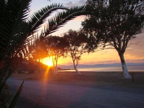 a sunset on a beach with palm trees and the ocean at Studios Resbithas in Gythio
