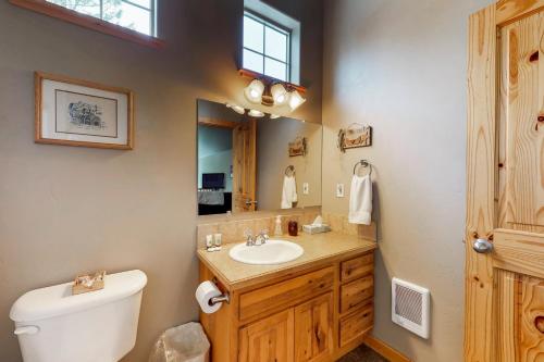 a bathroom with a sink and a toilet and a mirror at Northern Moose Lodge in McCall