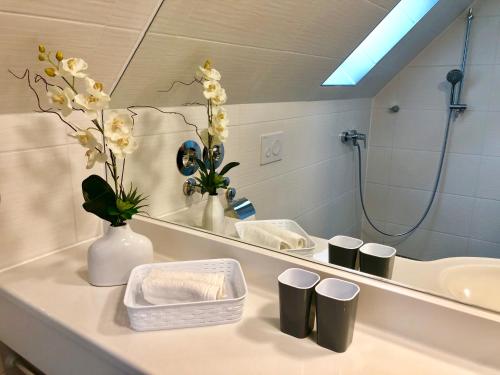 ein Bad mit einem Waschbecken und einem Spiegel in der Unterkunft Hubertusnest in Bad Berka