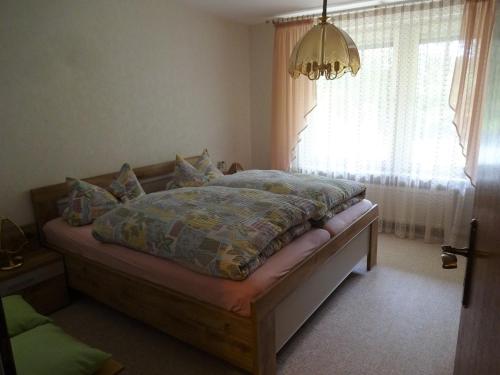 a bedroom with a bed with a window and a chandelier at Ferienwohnung Kurparkblick in Hohegeiß