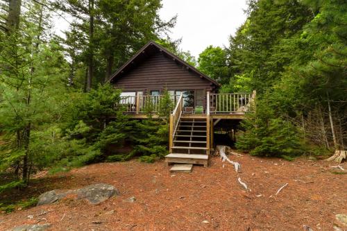 a cabin in the woods with a wooden staircase at Lorax Lane in The Highlands