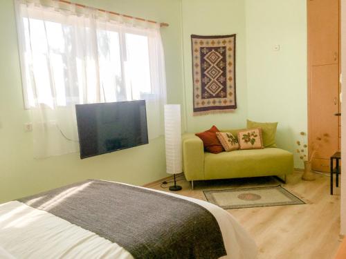 a bedroom with a bed and a couch and a television at Rio desert view apartment in Arad