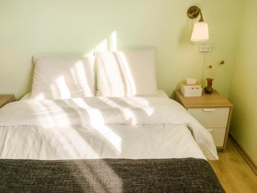 a bedroom with a bed with white sheets and a lamp at Rio desert view apartment in Arad