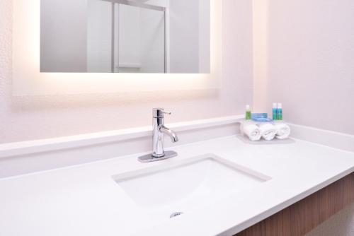 uma casa de banho com um lavatório branco e um espelho. em Holiday Inn Express Hotel & Suites Elgin, an IHG Hotel em Elgin