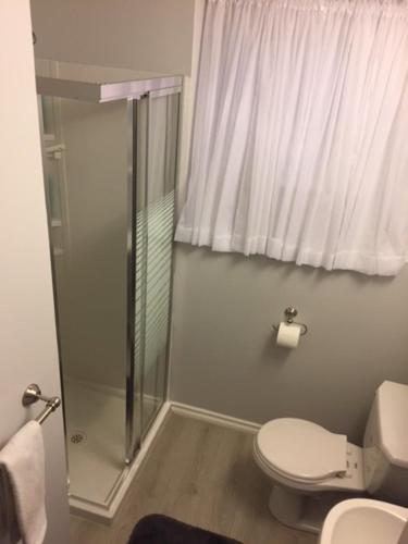 a bathroom with a toilet and a glass shower at Newly Renovated Basement Suite! in Lethbridge