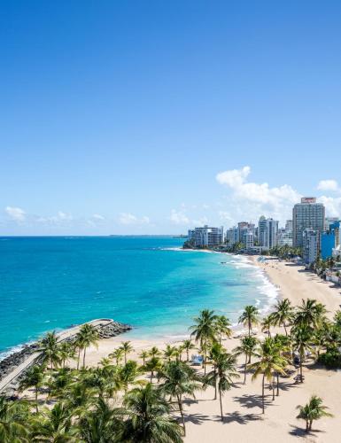 a view of a beach with palm trees and the ocean at Condado Vanderbilt Hotel in San Juan