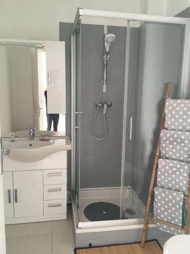 une douche avec une porte vitrée à côté d'un lavabo dans l'établissement T2 Saint martin d'heres proche Campus, à La Tronche