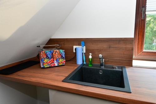 a kitchen counter with a sink in a room at MIA - Ferienwohnung Wehdel bei Bremerhaven in Wehdel