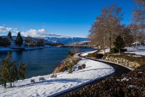 a snow covered path next to a river at Deep Water Cabin in Hollywood Beach