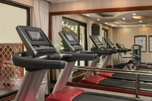 a row of treadmills in a gym with a mirror at Thien Thai Hotel & Spa in Hanoi