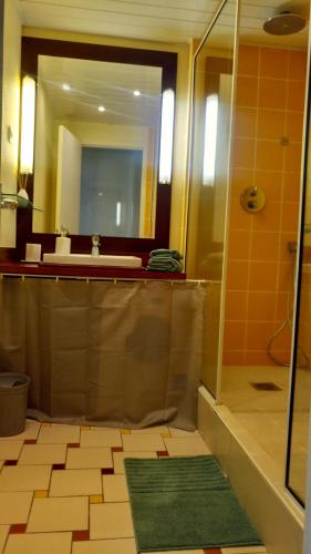 a bathroom with a shower and a sink and a mirror at Grand studio les pieds dans l'eau, centre ville in Le Gosier