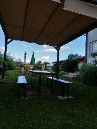 a picnic table under an umbrella in a yard at Pensiunea Poezii Alese in Valea Drăganului