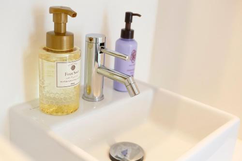 a bathroom sink with a soap dispenser and a bottle at La Krasse Sumida in Tokyo
