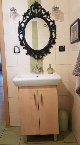 a bathroom with a sink and a mirror on the wall at pokoje Łagodzińska in Gorzów Wielkopolski